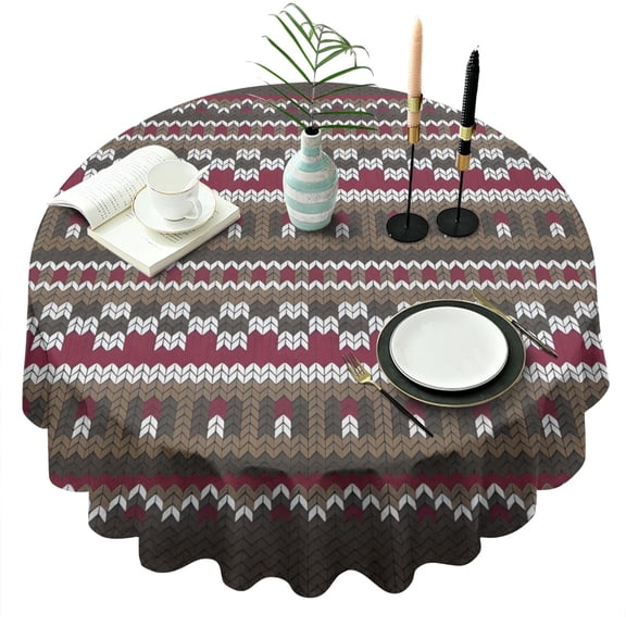 Boho Red Knitted Ethnic Pattern Round Tablecloth 60"x60",Wrinkle Wipeable Table Cloth for Kitchen Dining Room Picnic Patio Party