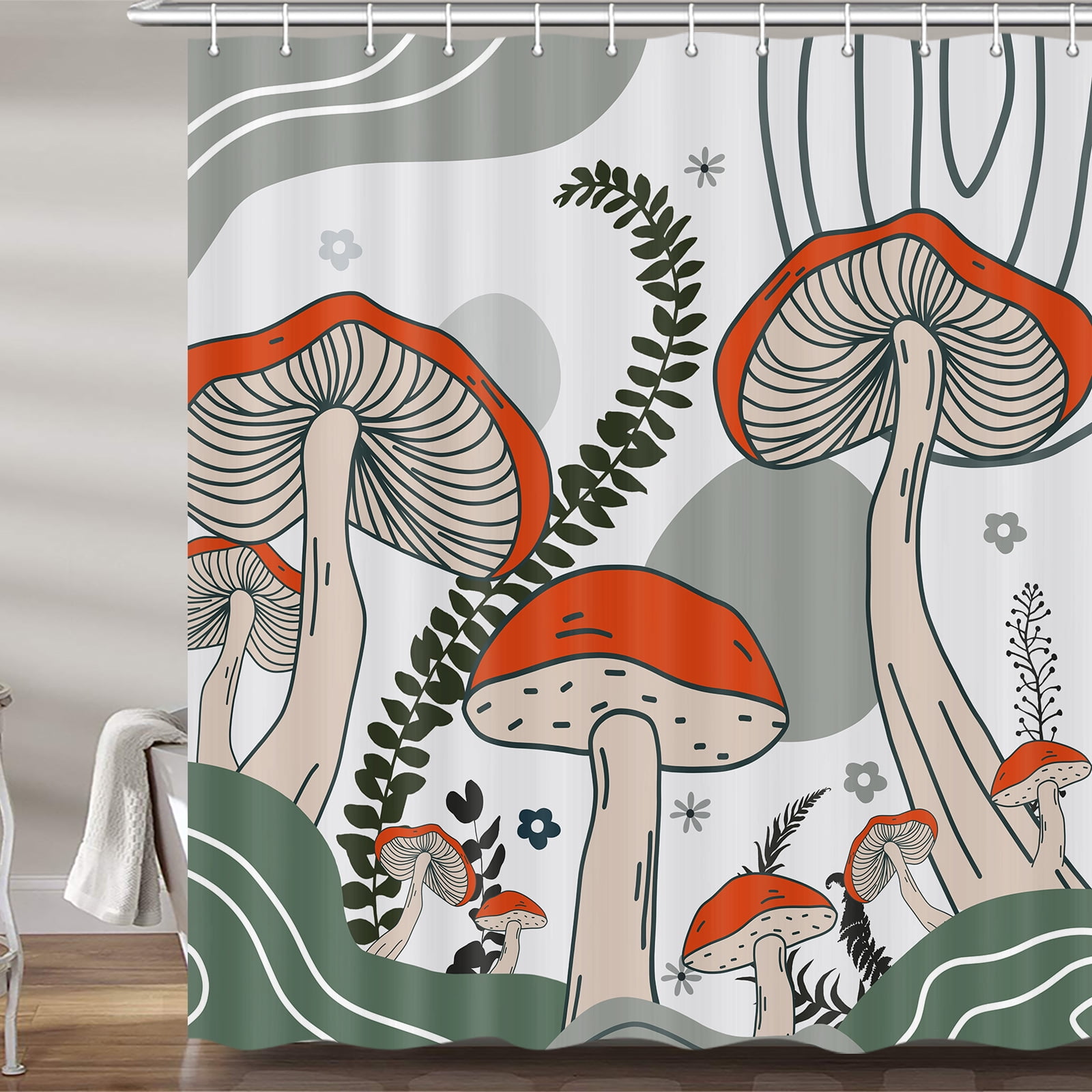 Boho Red Mushroom Shower Curtain, Cute Grey Abstract 70s Mid Century