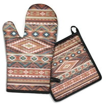 Boho Red Southwestern Ethnic Pattern Kitchen Oven Mitt and Pot Holder Sets 2 Pcs for Baking, Cooking and Grilling, Heat Resistant Up To 392 °F