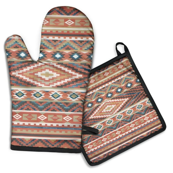 Boho Red Southwestern Ethnic Pattern Kitchen Oven Mitt and Pot Holder Sets 2 Pcs for Baking, Cooking and Grilling, Heat Resistant Up To 392 °F