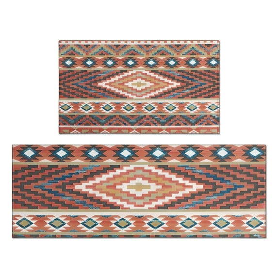Boho Red Southwestern Ethnic Pattern Kitchen Rugs Sets Of 2,Anti Fatigue Kitchen Mat Rugs Non Slip Washable,Decorative Kitchen Floor Mats for Kitchen,Sink,Laundry,17"x30"+17"x47"