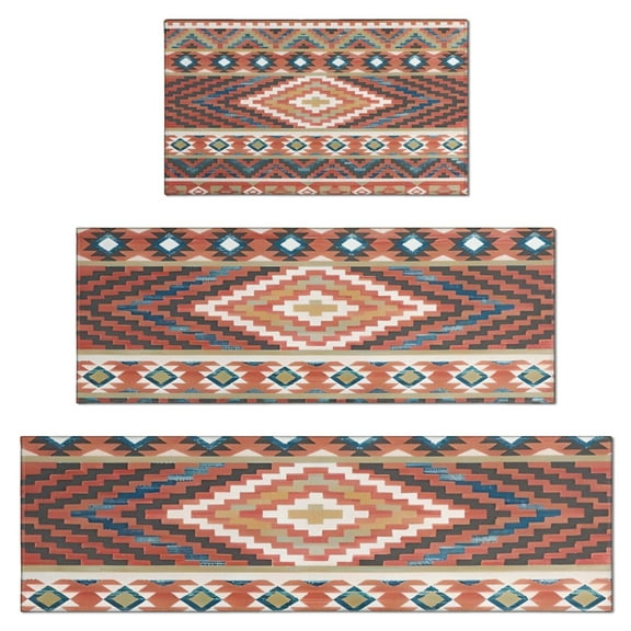 Boho Red Southwestern Ethnic Pattern Kitchen Rugs Sets Of 3,Kitchen Runner Rugs Non Skid Washable,Decorative Kitchen Floor Mats for Kitchen,Sink,Laundry,17"x30"+ 17"x47" + 17"x59"