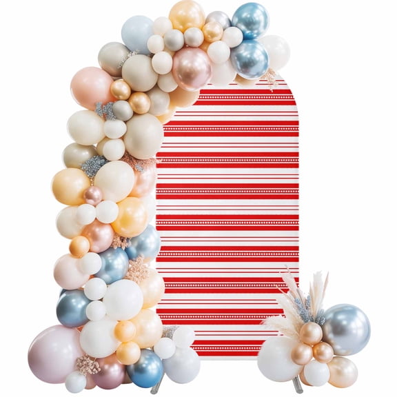 Boho Red Stripe Arch Backdrop Cover 5Ft, Wedding Arch Covers Stretchy Backdrop, Abstract Geometric White Minimalist Fitted 2 Sided Arched Photo Background for Birthday Party Decorations
