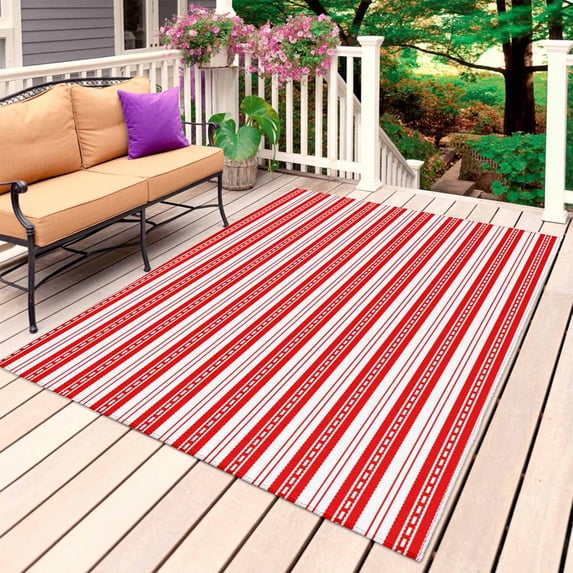 Boho Red Stripe Outdoor Rug 6x9 Ft, Non Slip Washable Area Rug, Abstract Geometric White Minimalist Patio Rugs Carpet Runner, Large Floor Mat for Indoor/Outdoor Deck Porch Camping