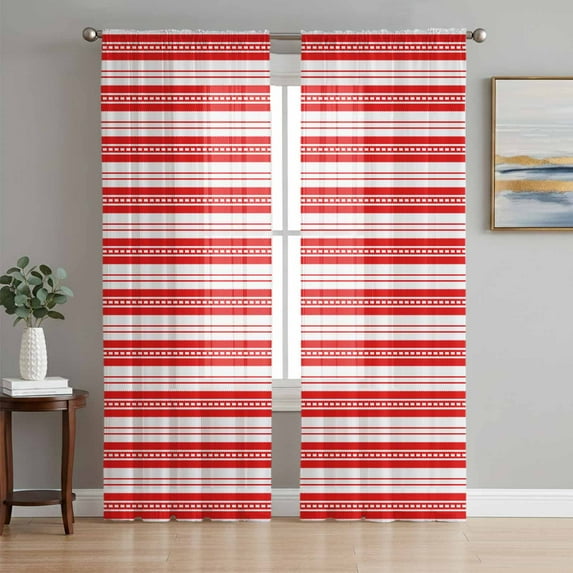 Boho Red Stripe Semi Sheer Curtains 84 Inch Length 2 Panels Set, Abstract Geometric White Minimalist Sheer Kitchen Curtain Privacy Voile Window Curtain for Living Room Bedroom Rod Pocket Drapes