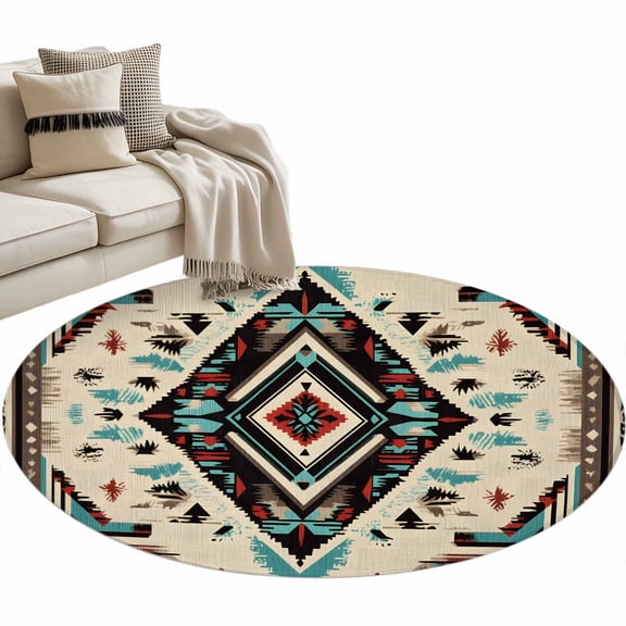 Boho Red Teal Brown 3ft Area Rug, Southwestern Retro Geometric Washable Non-Slip Small Round Rugs for Entryway Bedroom Kitchen, Soft Circle Carpet for Dining Room, Playroom Nursery Rug