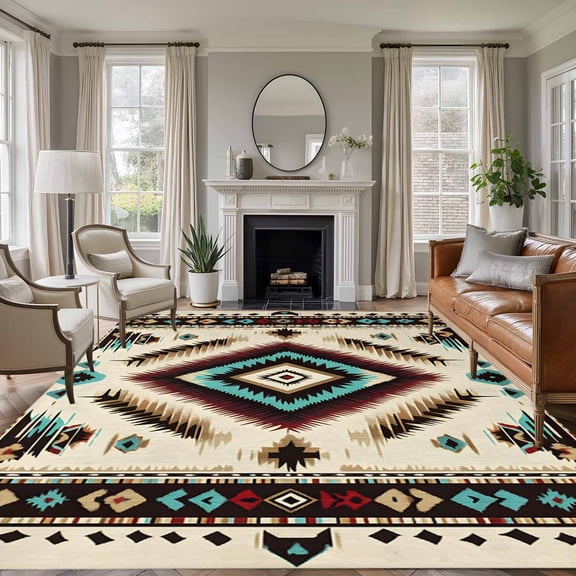 Boho Red Teal Brown Area Rug 6x9 FT, Non Slip Living Room Throw Carpet, Southwestern Abstract Geometric Washable Soft Large Floor Carpet Non-Shedding Rug for Bedroom Dining Room Play Room