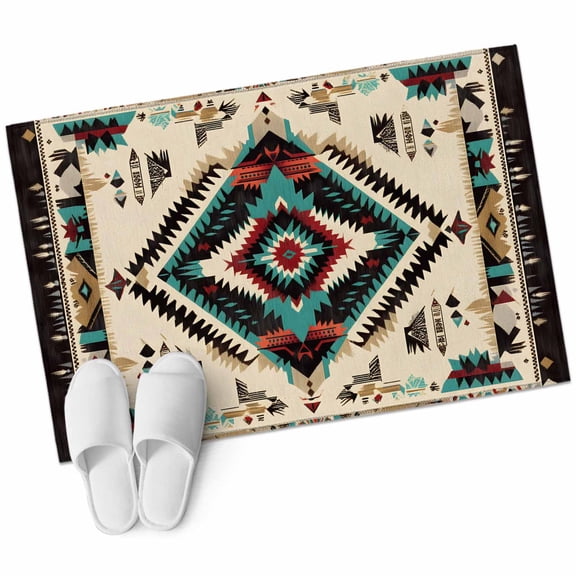 Boho Red Teal Brown Bathroom Mat 2x3 FT, Non Slip Small Kitchen Mat, Southwestern Country Geometric Washable Soft Backed Front Door Throw Rug Non-Shedding Indoor Outdoor Doormat for Entryway Sink