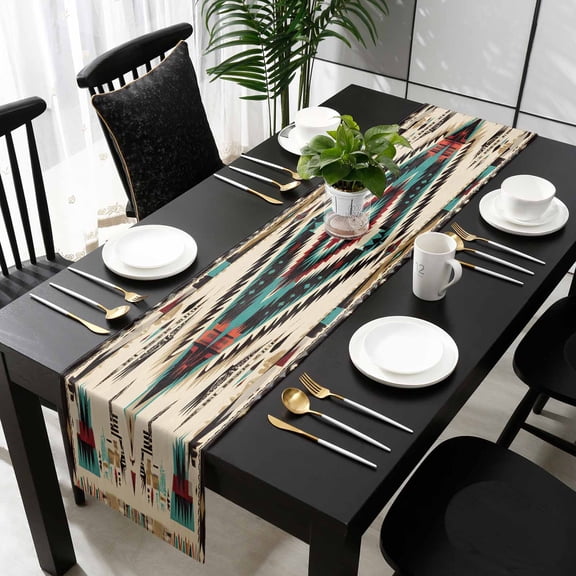 Boho Red Teal Brown Cotton Linen Table Runner 18 x 72 inch Southwestern Country Geometric Non-slip Rectangular Dining Table Decor for Wedding Party Holiday Dinner