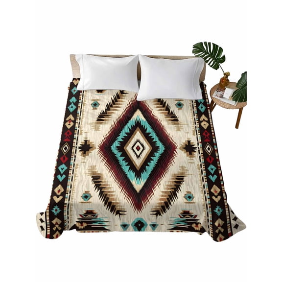 Boho Red Teal Brown Flat Sheets Only King Size, Soft Breathable Bed Top Sheets for Mattress, Southwestern Abstract Geometric Luxury Bedding Flat Sheets for Home Hotel Bedroom Bed Protection
