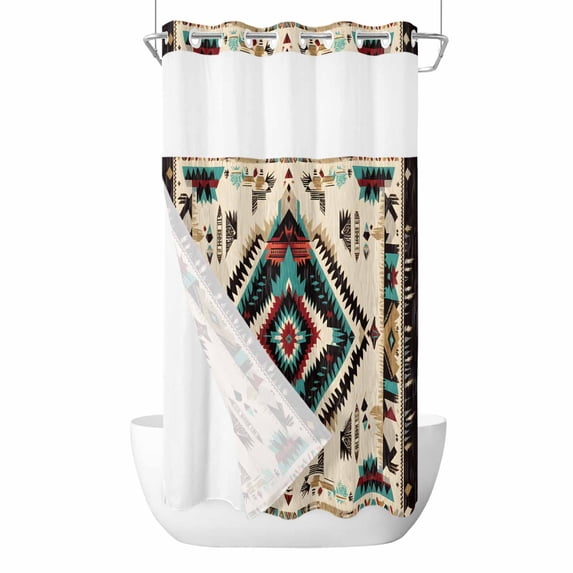 Boho Red Teal Brown No Hook Shower Curtain Waterproof, Bathroom Curtains with Snap in Liners and See Through Top Window, Southwestern Country Geometric Hotel Style Bathtub Curtains Shower 54"Wx78"L