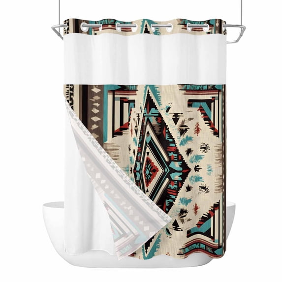 Boho Red Teal Brown No Hook Shower Curtain Waterproof, Bathroom Curtains with Snap in Liners and See Through Top Window, Southwestern Retro Geometric Hotel Style Bathtub Curtains Shower 72"Wx96"L