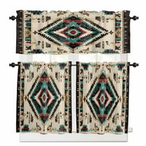 Boho Red Teal Brown Kitchen Curtains and Valances Set, 3 Piece Kitchen Curtains Set 24 Inch Length, Southwestern Country Geometric Rod Pocket Curtains Tier Farmhouse Window Curtains
