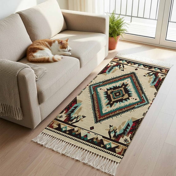 Boho Red Teal Brown Kitchen Runner Rug 2'x4', Southwestern Vintage Geometric Washable Rug with Tassels, Non Slip Woven Cotton Bathroom Rugs Hallway Carpet for Foyer Bedroom Entry Back Door Decor