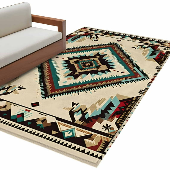 Boho Red Teal Brown Large Area Rugs for Bedroom Living Room, Soft Non Slip Carpet Bedside Rug, Southwestern Vintage Geometric Rectangular Floor Cover Kitchen Accent Rug 3'x5' for Dining Room/Office