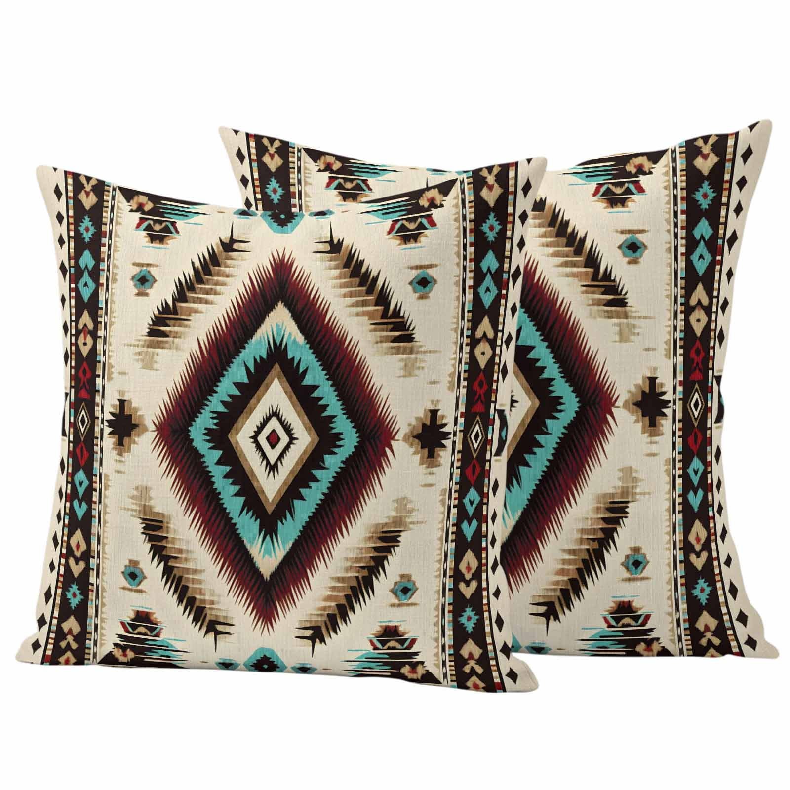 Boho Red Teal Brown Outdoor Pillow Covers, Waterproof Decorative Throw Pillowcases Set of 2, Southwestern Abstract Geometric Couch Cushion Cases with Zipper for Outside Patio Garden Sofa 18"x18"