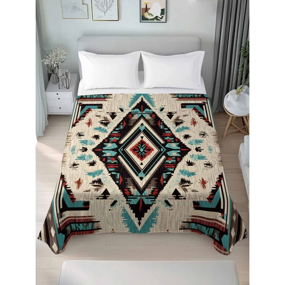 Boho Red Teal Brown Queen Size Flat Sheet, Wrinkleproof & Fadeproof Cooling Flat Bed Sheet Only, Southwestern Retro Geometric Breathable Soft Bedding Top Sheets 90 x 102 Inches