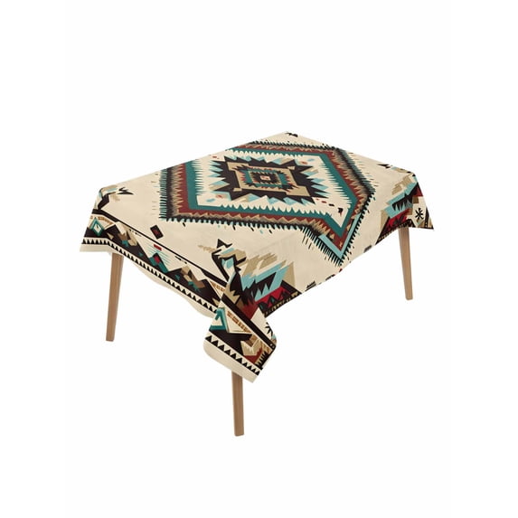 Boho Red Teal Brown Rectangle Tablecloth, Southwestern Vintage Geometric Waterproof & StainResistant Tablecloth, Washable Oil-proof Table Cover for Dining/Party/Wedding/Camping/Buffet 60x84 In