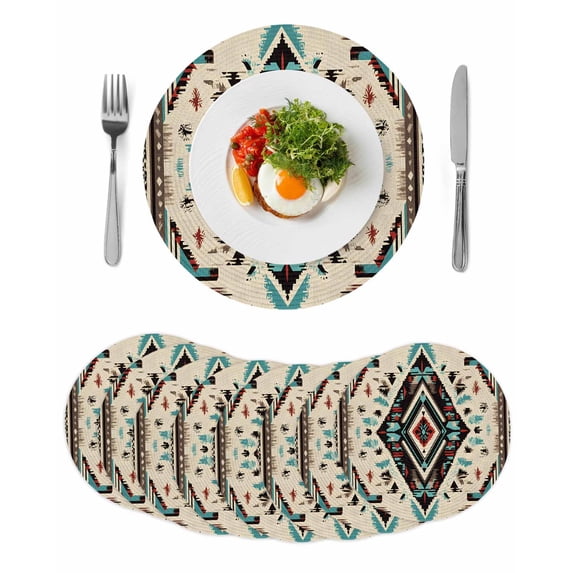 Boho Red Teal Brown Round 13 Inch Placemats Set of 8, Southwestern Retro Geometric HeatResistant Non Slip Place Mats for Dining Table, Wipeable Braided Kitchen Table Mats for Housewarming