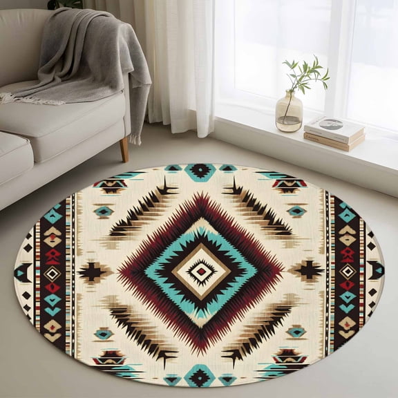 Boho Red Teal Brown Round Area Rug 3.3 FT, Non Slip Small Entryway Kitchen Mat, Southwestern Abstract Geometric Washable Soft Circular Rug Non-Shedding Door Mat for Bathroom Playroom Kids Room