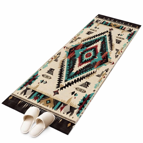 Boho Red Teal Brown Runner Rug 2x6 FT, Non Slip Hallway Carpet, Southwestern Country Geometric Washable Soft Floor Carpet Throw Runner Carpet Long Rug for Entryway Kitchen Bedside Sliding Door