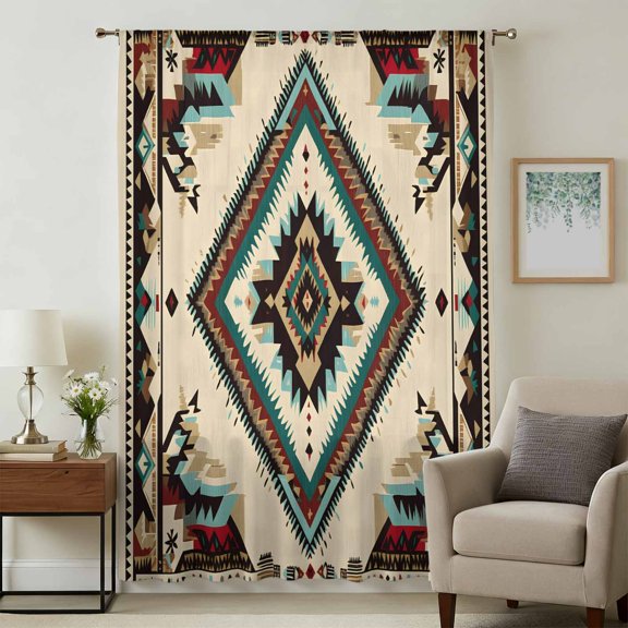 Boho Red Teal Brown Sheer Curtains 45 Inches Long, Southwestern Vintage Geometric Light Filering Curtains, Breathable Simi Curtain Privacy Drapes for Kitchen Bathroom Small Window Treatment