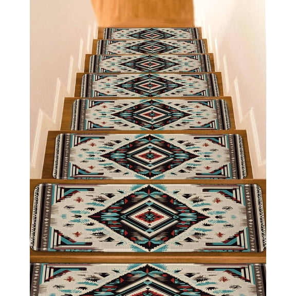 Boho Red Teal Brown Stair Treads for Wooden Steps Indoor Runner Rug Carpet, Southwestern Retro Geometric 7 Pieces Peel and Stick Staircase Step Treads Covers Washable Throw Door Mats, 30"x8"