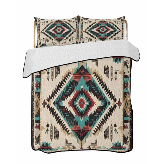 Boho Red Teal Brown Summer Quilt Set Full Size, Soft Microfiber Quilted Bedding Set with 2 Pillow Shams, Southwestern Country Geometric Lightweight All Season Bedspread Coverlet for Bedroom 78"x90"