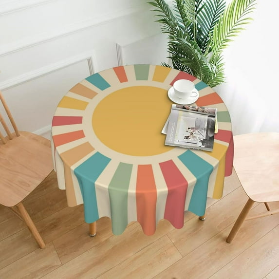 Boho Retro 70s Sun Round Tablecloth 60 Inch,Waterproof Heat Resistant Table Cloth Cover for Kitchen Dining Indoor Outdoor Farmhouse Decor