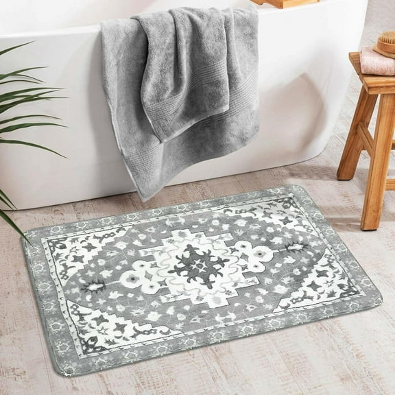 Boho Retro Bathroom Rug Gray Non-Slip Soft Bath Rug Machine Washable Oriental Bathroom Mat Traditional Farmhouse Floral Floor Mats for Bathtub Shower Toilet, 20x31 inch