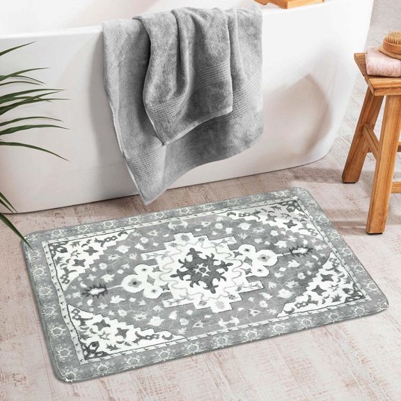 Boho Retro Bathroom Rug Gray Non-Slip Soft Bath Rug Machine Washable Oriental Persian Bathroom Mat Traditional Farmhouse Floral Floor Mats for Bathtub Shower Toilet, 17x31 inch