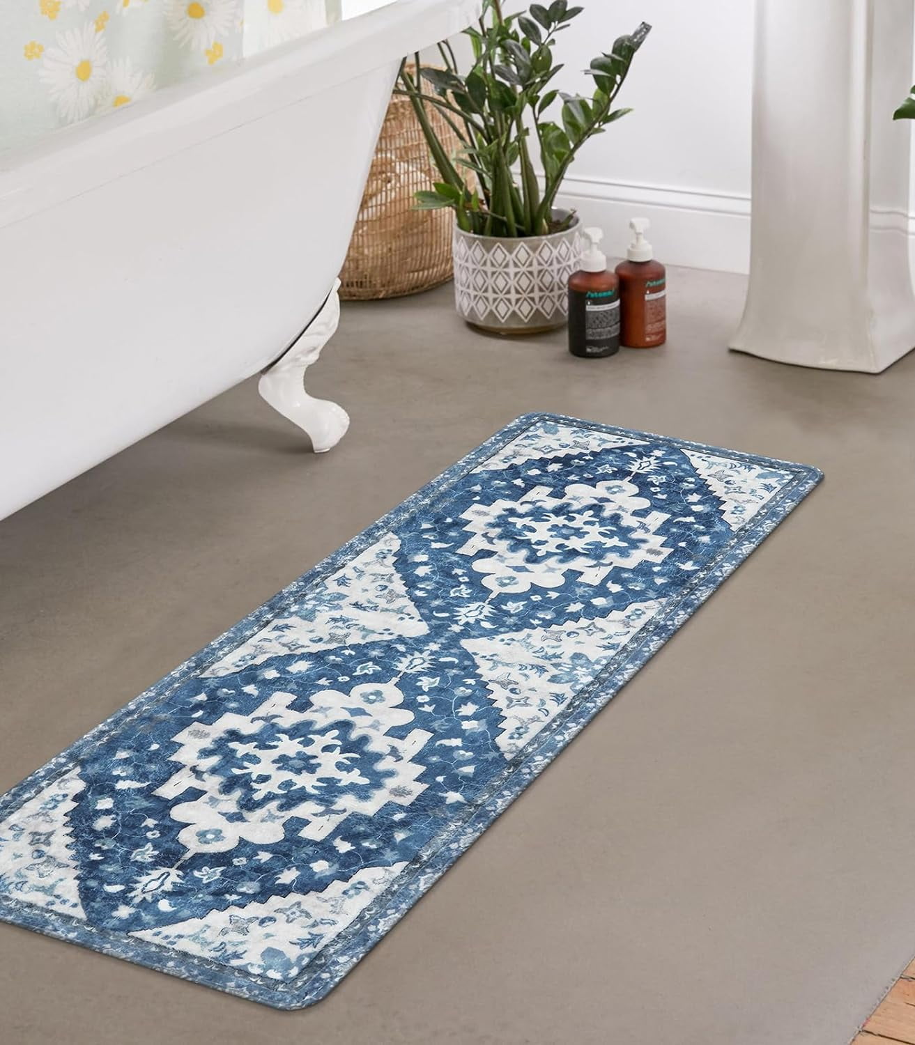 Boho Retro Bathroom Rug Runner Blue Non-Slip Soft Bath Mat Oriental Tribal Machine Washable Bath Rug Traditional Farmhouse Floral Long Rug for Shower Sink Entrance, 18x47 inch