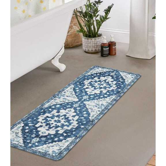 Boho Retro Bathroom Rug Runner Blue Non-Slip Soft Bath Mat Oriental Tribal Machine Washable Bath Rug Traditional Farmhouse Floral Long Rug for Shower Sink Entrance, 18x47 inch