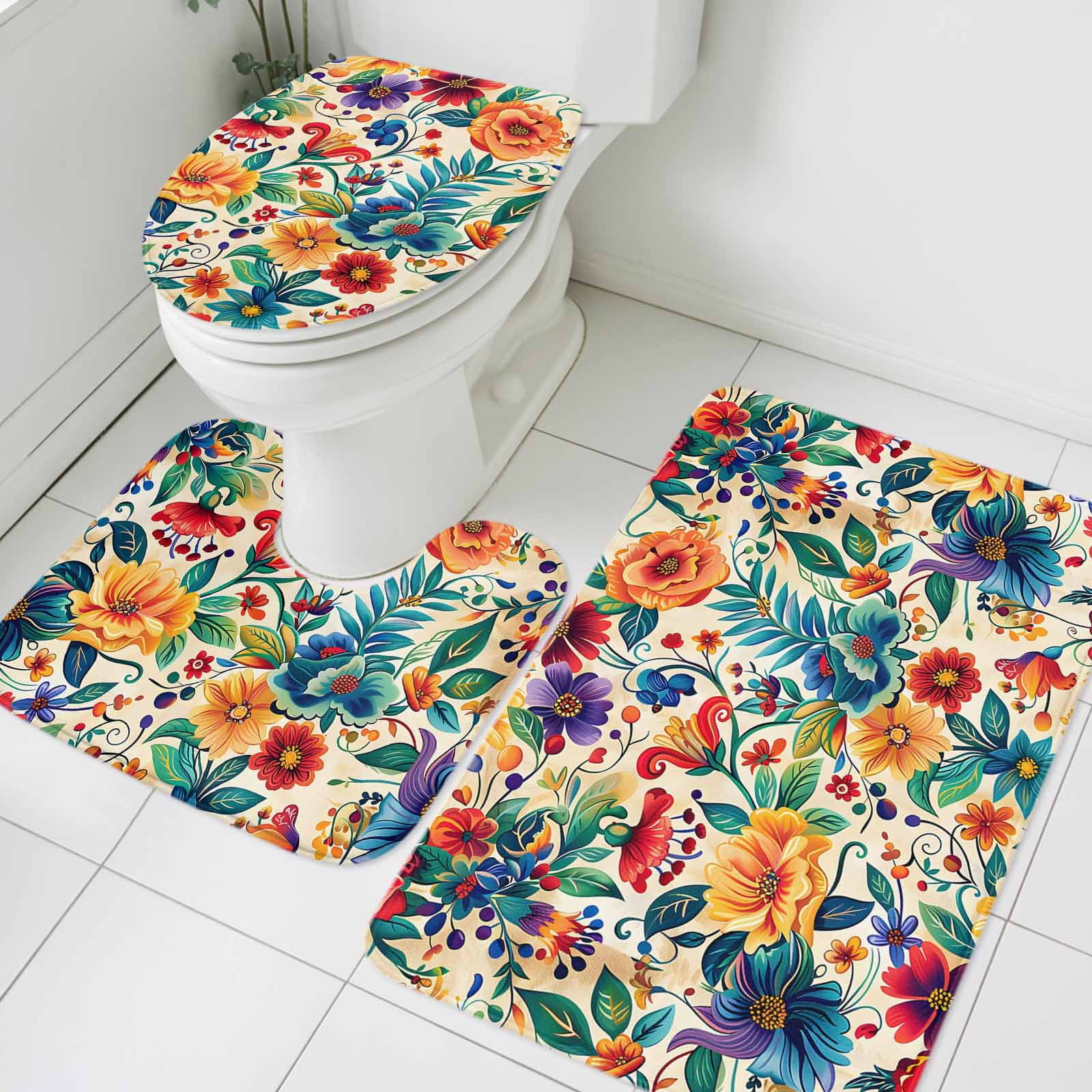Boho Retro Bathroom Rugs Set Spring Colorful Flowers Leaves Non Slip ...