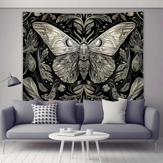 Boho Retro Black and White Moth Tapestry, Tapestry for Bedroom, Living Room Dorm Tapestry Wall Hanging,Aesthetic Vintage Plants Small Wall Tapestry, 60X40IN