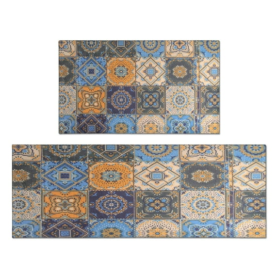 Boho Retro Brown Diamond Pattern Kitchen Rugs and Mats Sets Of 2,Kitchen Decoration Rugs,Rubber Backing Non-Slip Floor Mat for Sink Washable Waterproof Laundry Room Runner Rugs