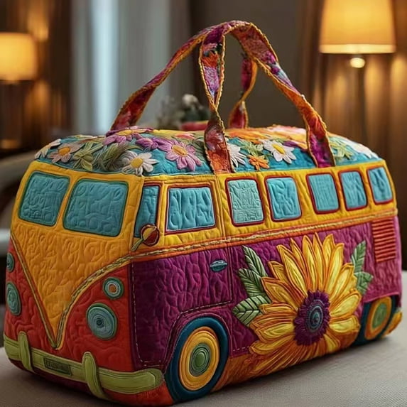 Boho Retro Camper Canvas Duffel Bag, 3D Embroidered Quilted Travel Tote, Large Capacity Weekender Bag for Unisex Camping, Gym & Road Trips