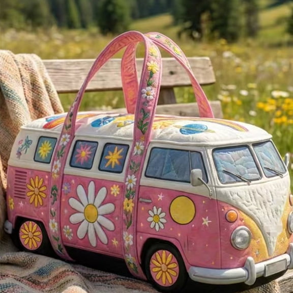 Boho Retro Camper Canvas Duffel Bag, 3D Embroidered Quilted Travel Tote, Large Capacity Weekender Bag for Unisex Camping, Gym & Road Trips