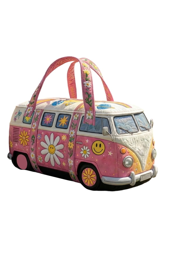 Boho Retro Camper Canvas Duffel Bag, 3D Embroidered Quilted Weekender, Large Capacity Travel Tote for Unisex Camping, Gym & Road Trips