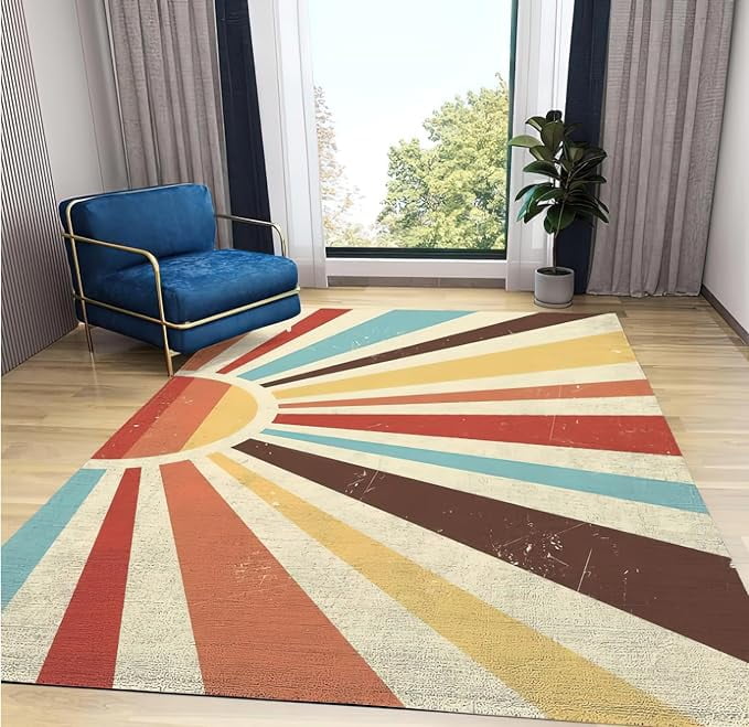 Boho Retro Colored Sun Area Rug, Bedroom Rug Under Bed Sturdy Non Slip ...
