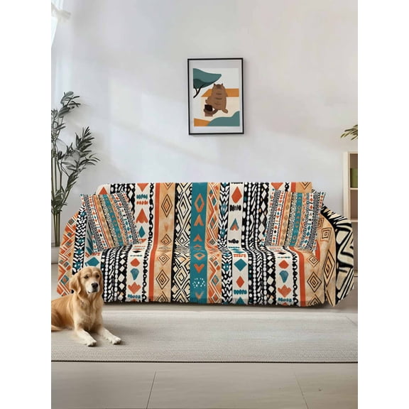 Boho Retro Couch Cover, Bohemian Ethnic Patterns Southwest Stripe Oversized Sofa Cover Blanket for 3 Cushion Couch,Sectional Sofa Slipcover Furniture Protector for Living Room Bedroom 71''x150''