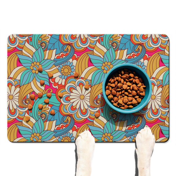 Boho Retro Floral Pet Feeding Mat-Absorbent Pet Placemat for Food and Water Bowl, with Waterproof Rubber Backing, Quick Dry Water Dispenser Mat for Dog and Cat (16"x24")