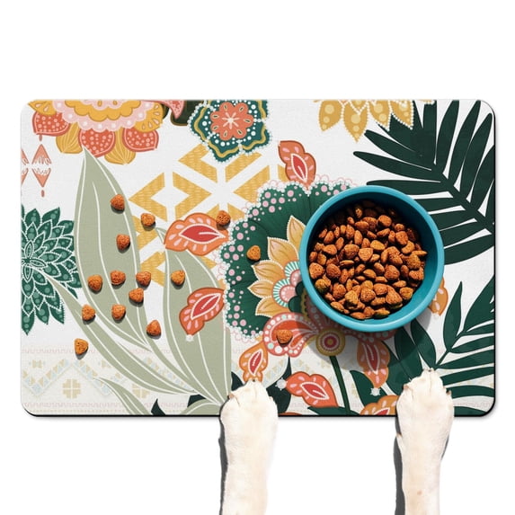 Boho Retro Floral Pet Feeding Mat-Absorbent Pet Placemat for Food and Water Bowl, with Waterproof Rubber Backing, Quick Dry Water Dispenser Mat for Dog and Cat (16"x24")