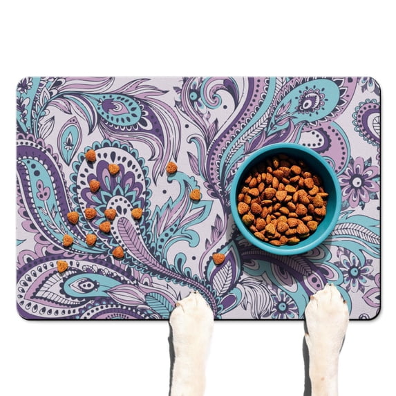 Boho Retro Floral Pet Feeding Mat-Absorbent Pet Placemat for Food and Water Bowl, with Waterproof Rubber Backing, Quick Dry Water Dispenser Mat for Dog and Cat (16"x24")