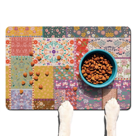 Boho Retro Floral Pet Feeding Mat-Abstract Art Absorbent Pet Placemat for Food and Water Bowl, with Waterproof Rubber Backing, Quick Dry Water Dispenser Mat for Dog and Cat (16"x24")