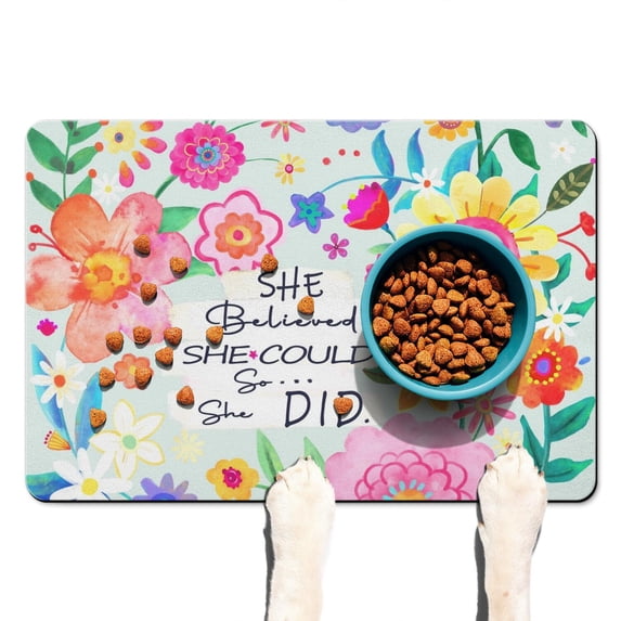 Boho Retro Floral Pet Feeding Mat-Abstract Art Absorbent Pet Placemat for Food and Water Bowl, with Waterproof Rubber Backing, Quick Dry Water Dispenser Mat for Dog and Cat (16"x24")