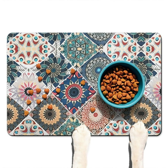 Boho Retro Floral Pet Feeding Mat-Abstract Art Absorbent Pet Placemat for Food and Water Bowl, with Waterproof Rubber Backing, Quick Dry Water Dispenser Mat for Dog and Cat (16"x24")