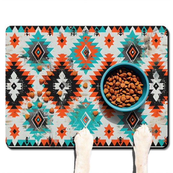 Boho Retro Floral Pet Feeding Mat-Abstract Art Geometric Absorbent Pet Placemat for Food and Water Bowl, with Waterproof Rubber Backing, Quick Dry Water Dispenser Mat for Dog and Cat (24"x32")