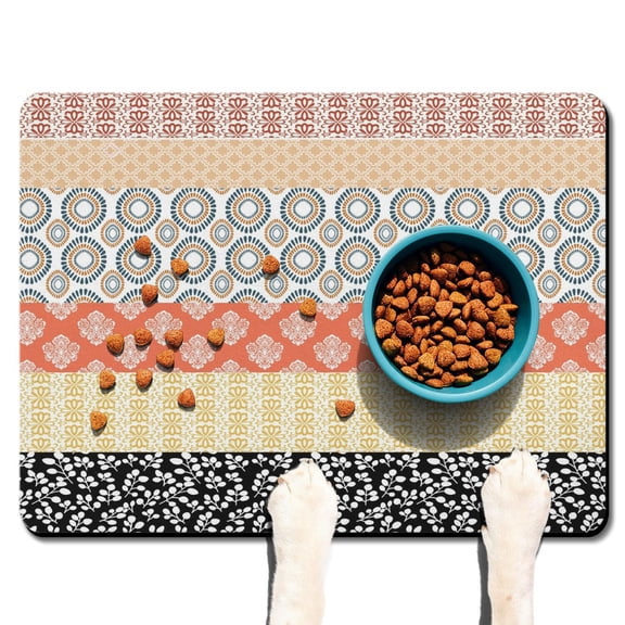 Boho Retro Floral Pet Feeding Mat-Abstract Art Geometric Absorbent Pet Placemat for Food and Water Bowl, with Waterproof Rubber Backing, Quick Dry Water Dispenser Mat for Dog and Cat (24"x32")