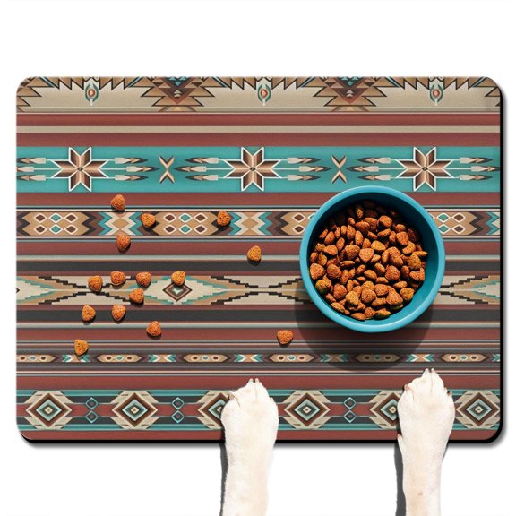 Boho Retro Floral Pet Feeding Mat-Abstract Art Geometric Absorbent Pet Placemat for Food and Water Bowl, with Waterproof Rubber Backing, Quick Dry Water Dispenser Mat for Dog and Cat (24"x32")